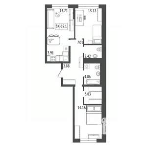 3-к квартира, вторичка, 65м2, 14/17 этаж