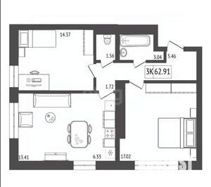 3-к квартира, вторичка, 63м2, 9/17 этаж