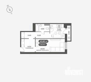 1-к квартира, вторичка, 44м2, 10/17 этаж