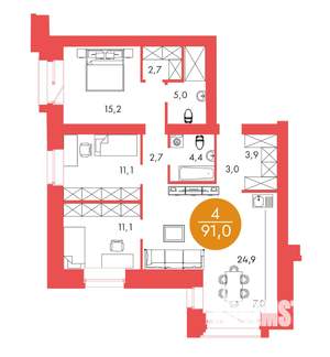 4-к квартира, вторичка, 91м2, 17/17 этаж