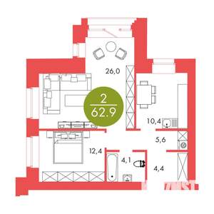 2-к квартира, вторичка, 63м2, 10/17 этаж