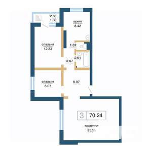 3-к квартира, строящийся дом, 70м2, 14/17 этаж
