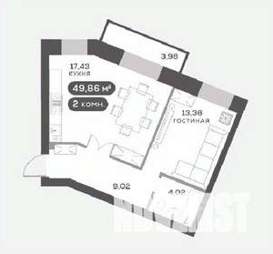 2-к квартира, вторичка, 50м2, 5/15 этаж