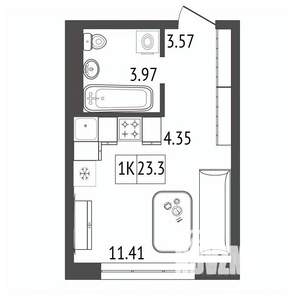 1-к квартира, строящийся дом, 23м2, 8/17 этаж