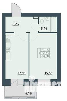 1-к квартира, строящийся дом, 40м2, 8/9 этаж