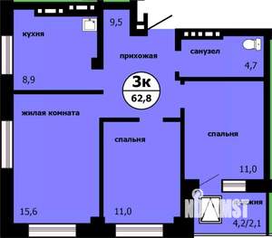 3-к квартира, строящийся дом, 62м2, 6/19 этаж