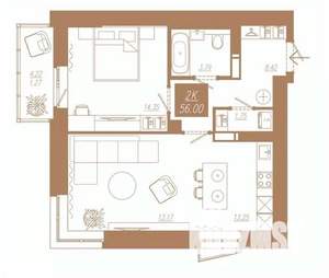 2-к квартира, строящийся дом, 56м2, 2/23 этаж