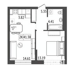 2-к квартира, строящийся дом, 41м2, 17/17 этаж