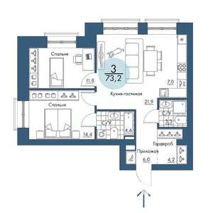 3-к квартира, вторичка, 73м2, 2/17 этаж