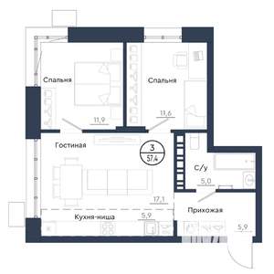 3-к квартира, вторичка, 57м2, 18/23 этаж