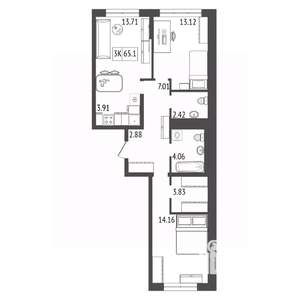 3-к квартира, вторичка, 65м2, 8/17 этаж