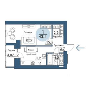 1-к квартира, строящийся дом, 43м2, 8/17 этаж