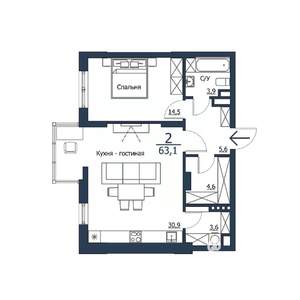 2-к квартира, строящийся дом, 63м2, 22/23 этаж