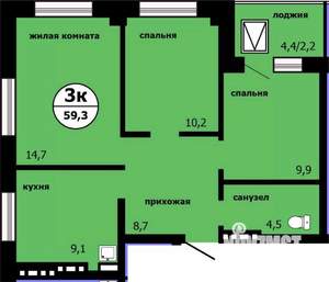 3-к квартира, строящийся дом, 58м2, 15/19 этаж