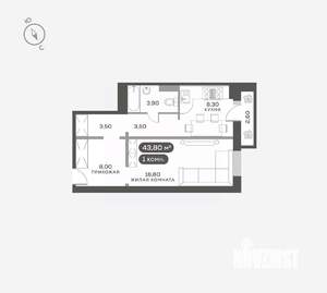 1-к квартира, вторичка, 44м2, 14/17 этаж