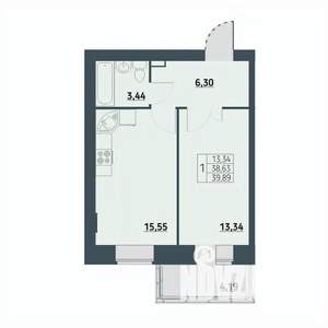 1-к квартира, строящийся дом, 40м2, 9/9 этаж