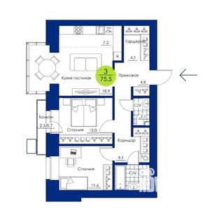 3-к квартира, вторичка, 76м2, 5/17 этаж