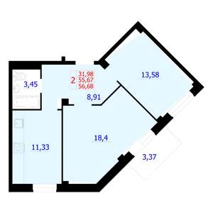 2-к квартира, строящийся дом, 57м2, 8/9 этаж