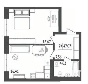 2-к квартира, строящийся дом, 47м2, 16/17 этаж