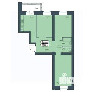 3-к квартира, строящийся дом, 72м2, 1/9 этаж
