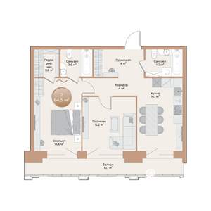 2-к квартира, строящийся дом, 65м2, 19/24 этаж