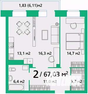2-к квартира, строящийся дом, 67м2, 9/9 этаж