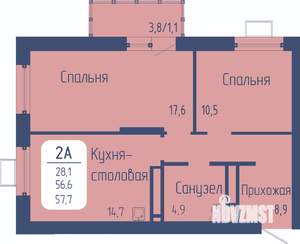 2-к квартира, строящийся дом, 58м2, 15/24 этаж