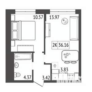 2-к квартира, вторичка, 36м2, 4/17 этаж