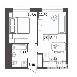 2-к квартира, строящийся дом, 35м2, 15/17 этаж