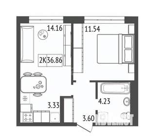 2-к квартира, вторичка, 37м2, 6/17 этаж