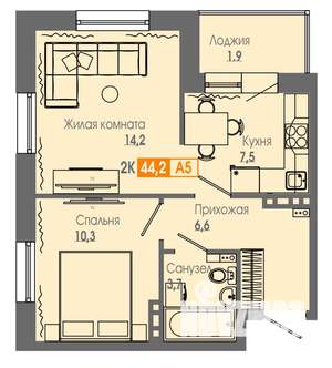 2-к квартира, строящийся дом, 44м2, 7/16 этаж