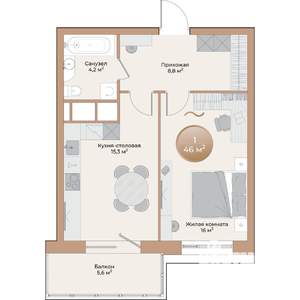 1-к квартира, вторичка, 46м2, 8/24 этаж