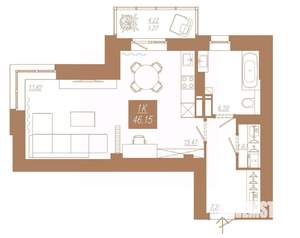 1-к квартира, строящийся дом, 46м2, 17/23 этаж