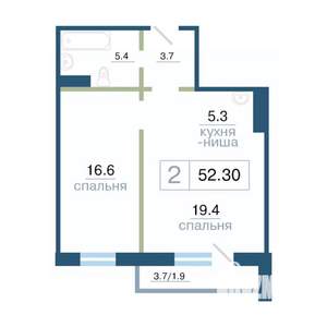 2-к квартира, строящийся дом, 52м2, 13/17 этаж