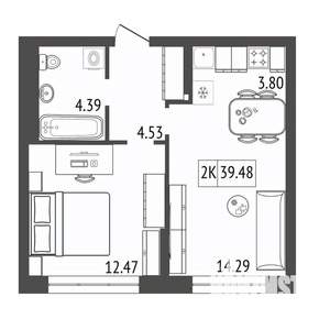 2-к квартира, строящийся дом, 39м2, 16/17 этаж