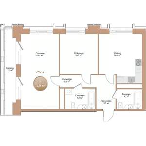 2-к квартира, строящийся дом, 73м2, 2/24 этаж
