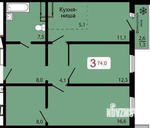 3-к квартира, строящийся дом, 74м2, 16/17 этаж