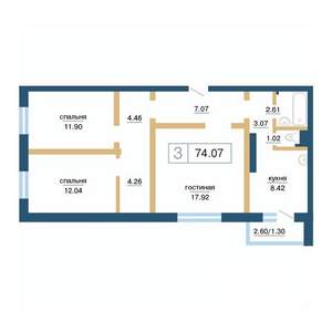 3-к квартира, вторичка, 74м2, 4/17 этаж