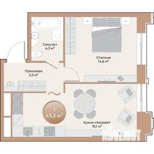 1-к квартира, строящийся дом, 43м2, 2/24 этаж