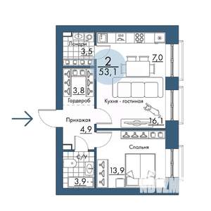 2-к квартира, строящийся дом, 53м2, 2/17 этаж