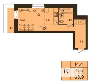 1-к квартира, вторичка, 34м2, 3/16 этаж