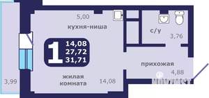 1-к квартира, строящийся дом, 32м2, 15/25 этаж