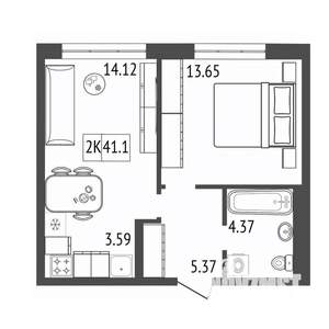 2-к квартира, строящийся дом, 41м2, 10/17 этаж