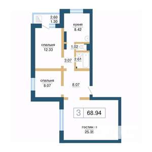 3-к квартира, строящийся дом, 70м2, 16/17 этаж