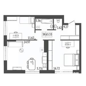 3-к квартира, строящийся дом, 63м2, 15/17 этаж