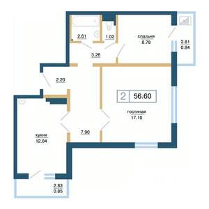 2-к квартира, строящийся дом, 57м2, 17/17 этаж