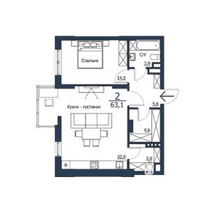 2-к квартира, строящийся дом, 63м2, 13/23 этаж