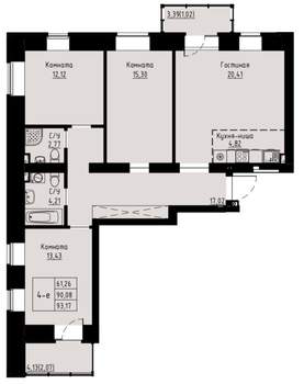 4-к квартира, строящийся дом, 93м2, 7/8 этаж