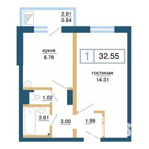 1-к квартира, строящийся дом, 33м2, 14/17 этаж