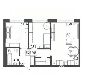 3-к квартира, вторичка, 57м2, 4/17 этаж